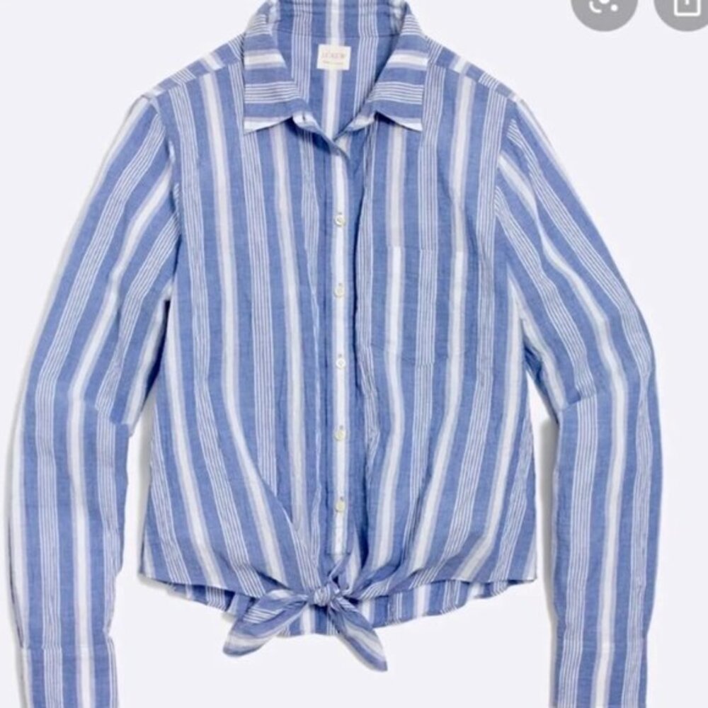 J. Crew Blue White Stripe Long Sleeve Tie Front Button Down Top